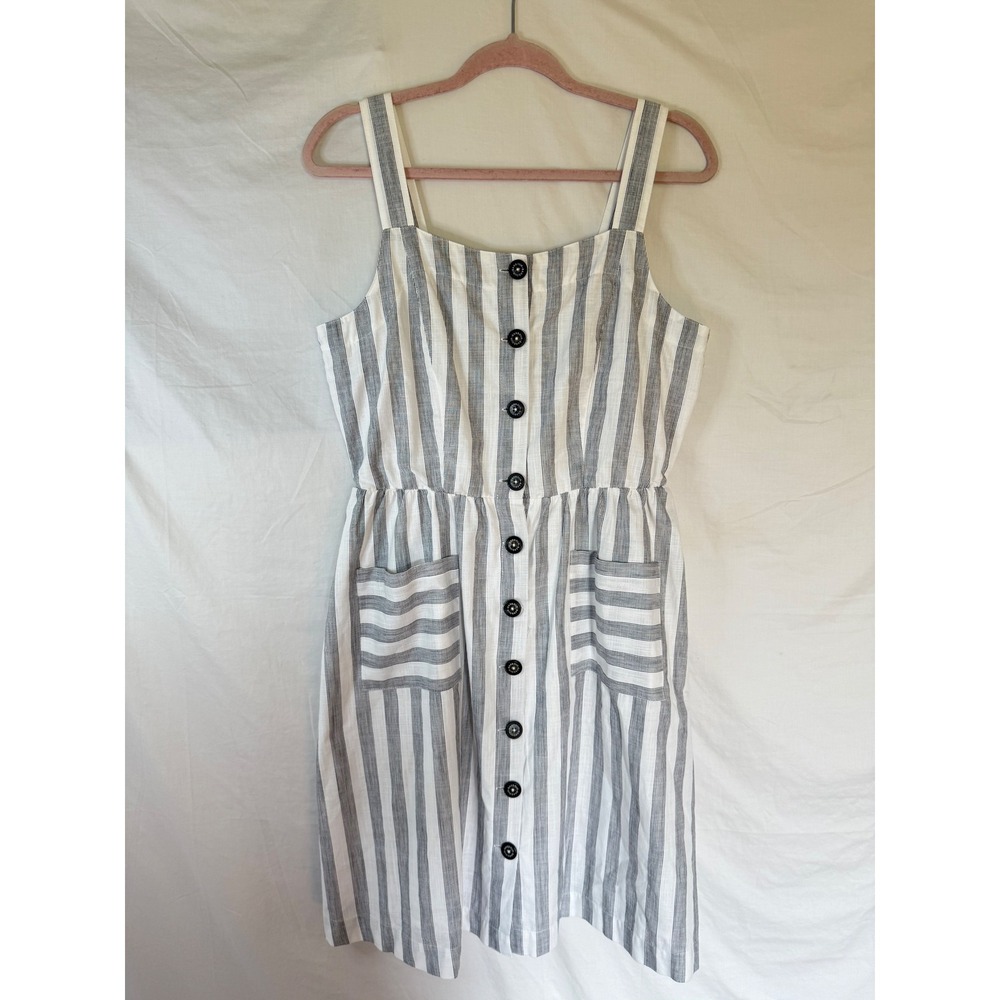 Barbour Womens Grey White Striped Cotton Button Front Smocked Sun Dress Size 8